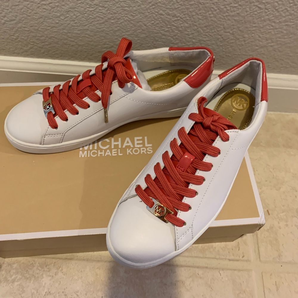 New Michael Kos Irving Lace Up Leather Optic White/Watermelon 6.5 Sneakers